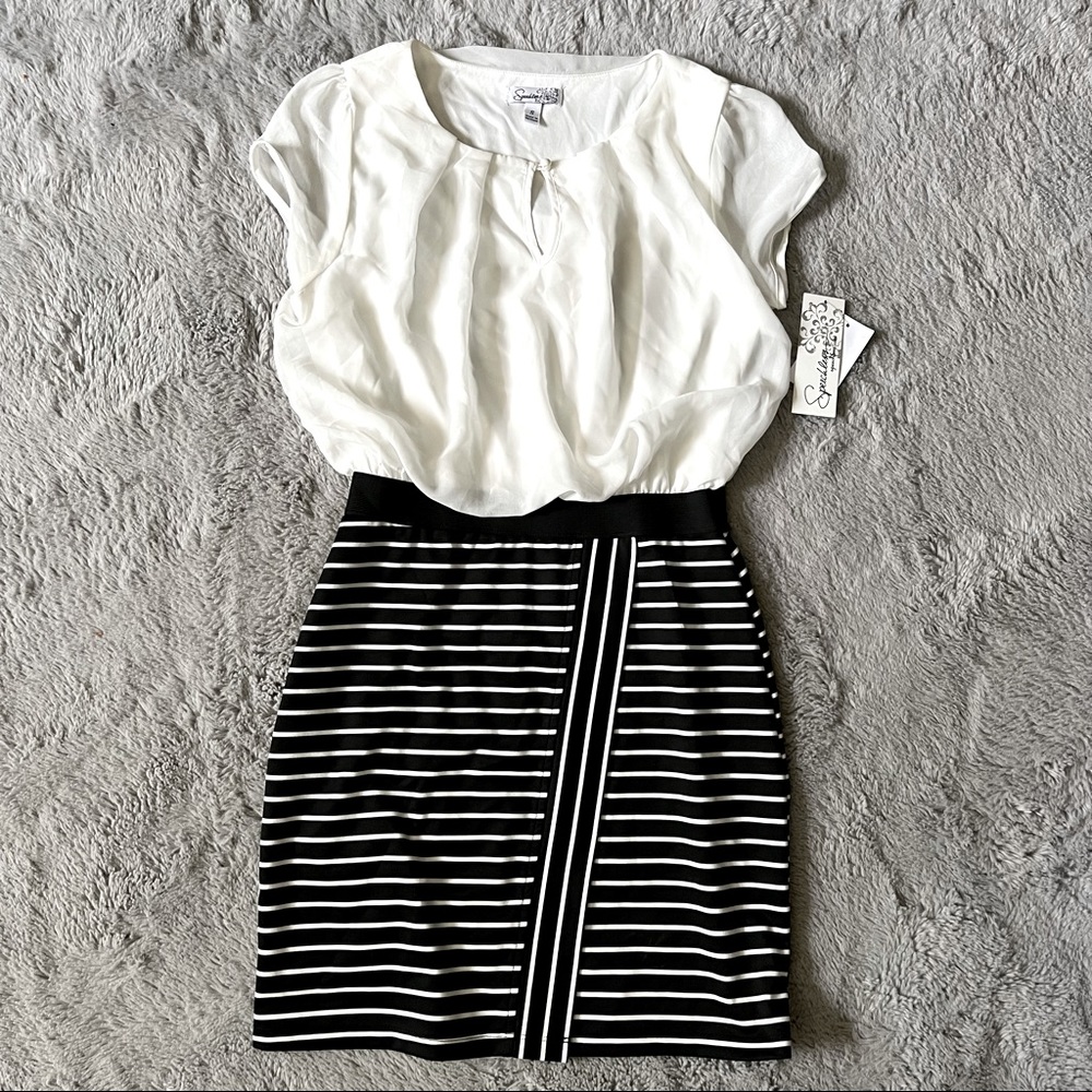 Black and White Dress, Flowy top with Bodycon Bottom size small